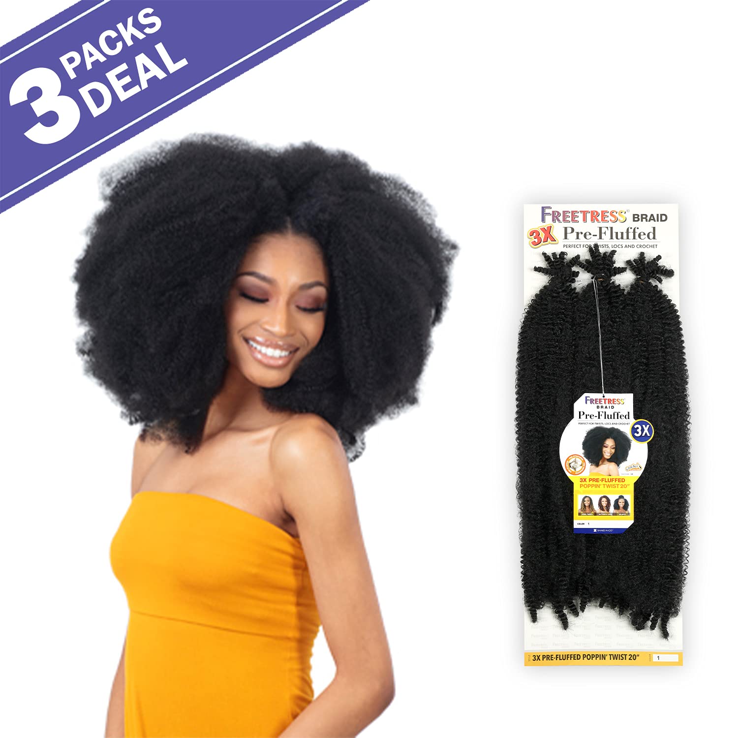 SHAKE N GO FreeTress Crochet Braids 3X Pre-Fluffed Poppin Twist 20 inch (3-PACK, 1)