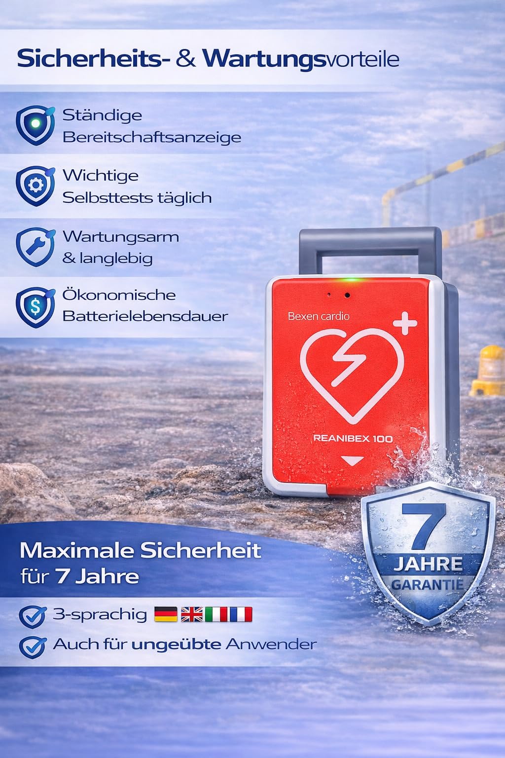 Reanibex 100 AED Defibrillator 2026 vollautomatische Schockauslösung, für Zuhause, im Betrieb, Kleinkindertaste, Ladezeit 0 Sekunden, 7 Jahre Garantie, Sprache DE/UK/FR, Erste-Hilfe Set