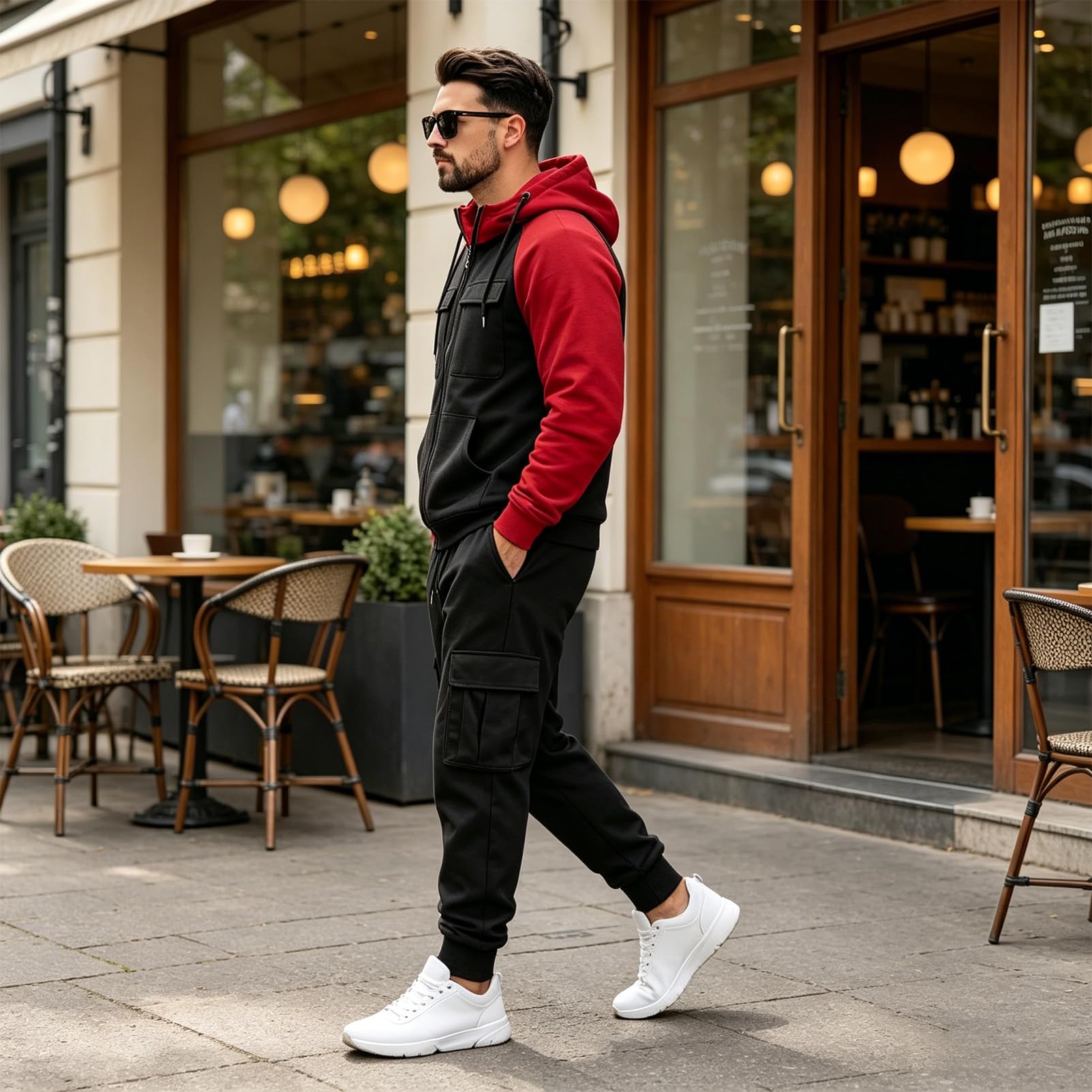 amropi Tute da Ginnastica Uomo Maniche Lunghe Giacca con Cappuccio Cerniera e Cargo Jogging Pantaloni con Tasche Sportiva Set