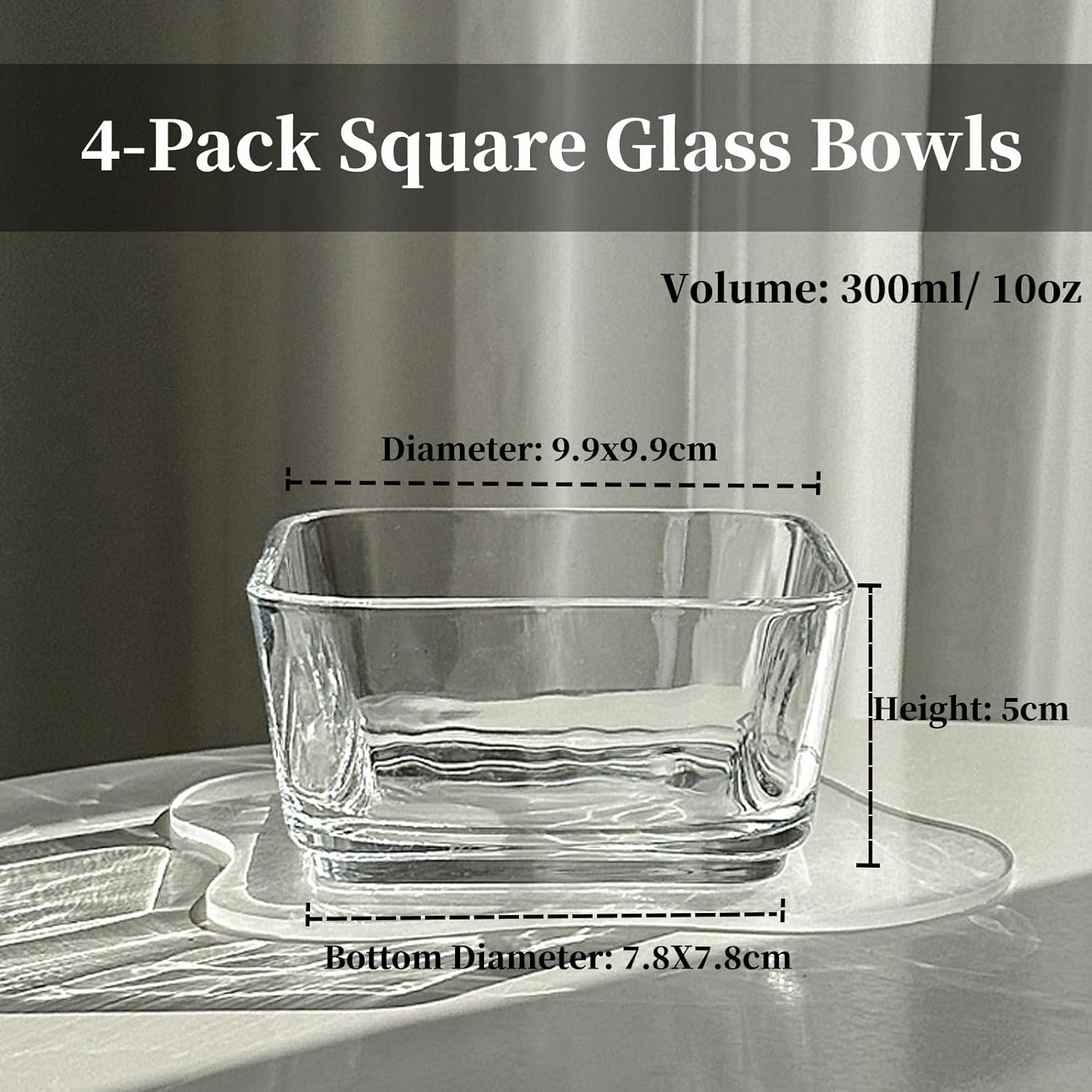 4in 10oz Clear Glass Vertical Cereal Candy Snack Bowls Set, Square Fruit Plate, 4 Pack Crystal Side Prep Dishes, Vintage Ice Cream Yogurt Serving Bowl, Dessert Dish Plate for Desk - Clear