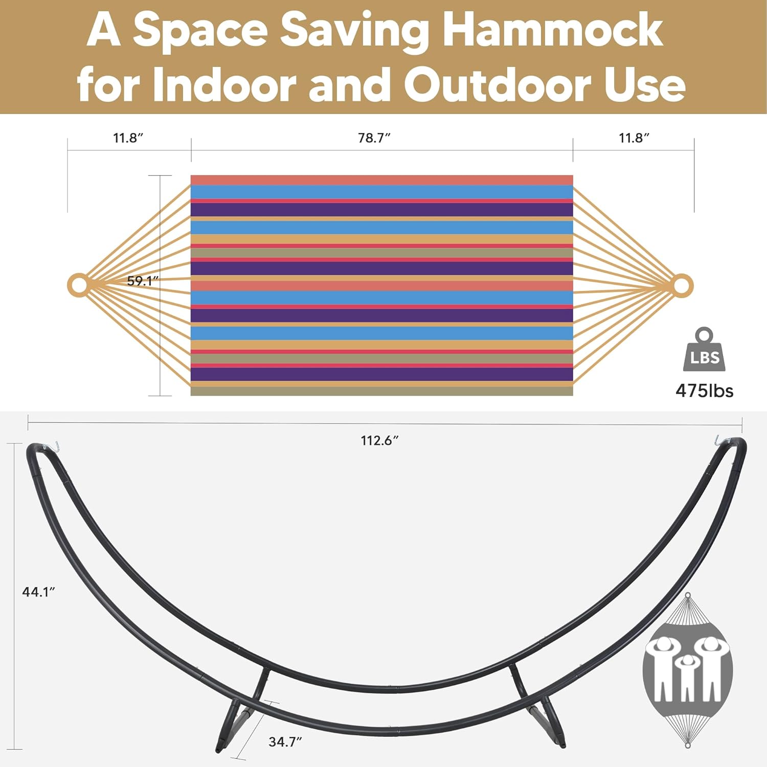 SUNCREAT Portable Space Saving Hammock with Stand, Two Person Hammock with Stand Included, Patent Pending, Rainbow