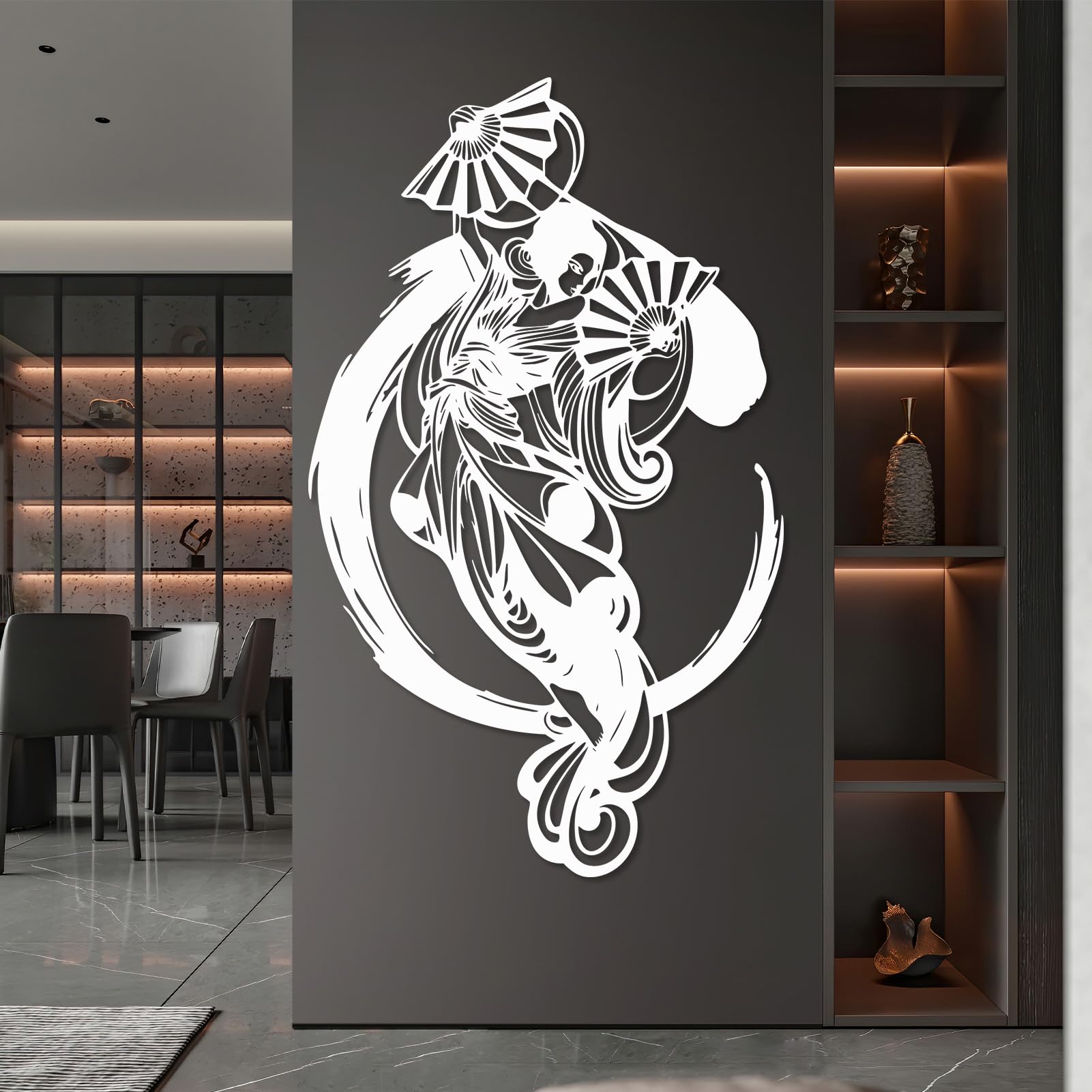 Gran Cuadro Abstracto de Metal con diseño de Mujer samurái, decoración Japonesa para Mujeres y Abanico para Sala de Estar o Dormitorio (Blanco, 105 x 62 cm).