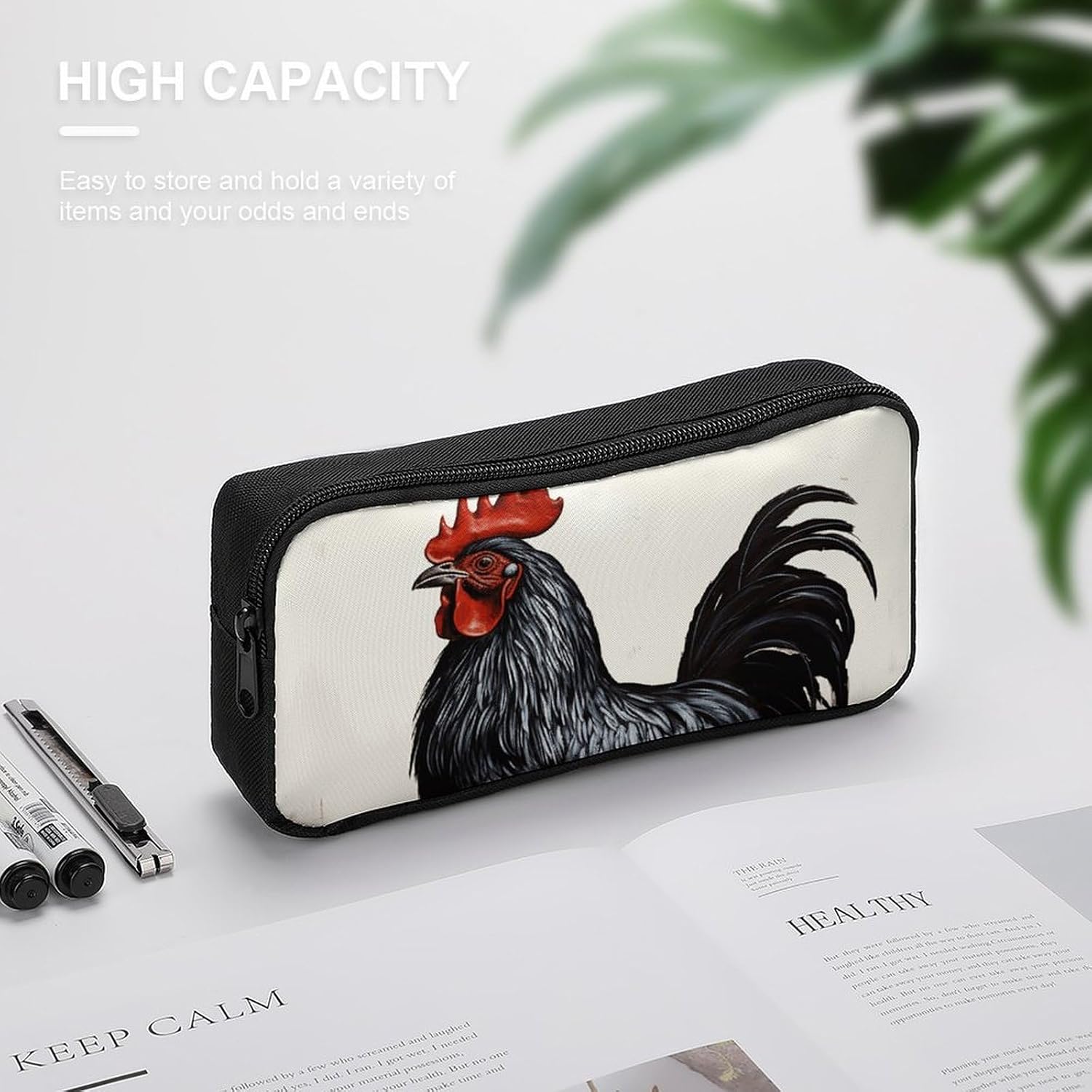 Black Rooster Pencil Case Large Capacity Pencil Pouch image 4