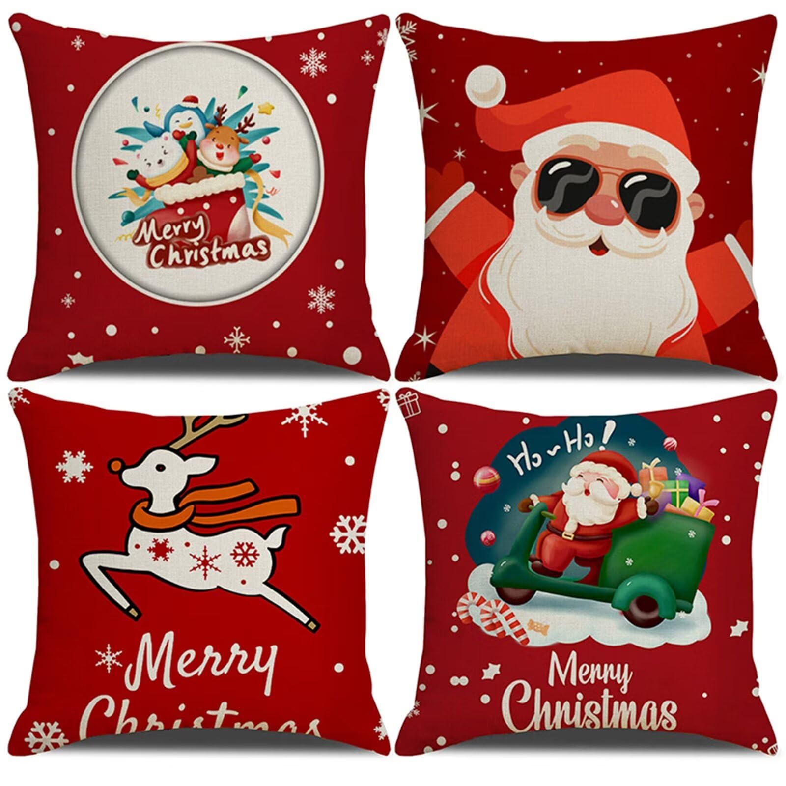 Cadeau de cerf du Père Noël parure de oreiller déco 50x50 lot de 4 pour fêtes