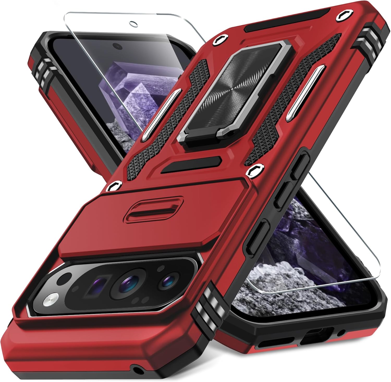 DEERLAMN Case for Google Pixel 9 Pro XL with Slide Camera Cover+Screen Protector(1 Pack), Rotated Ring Kickstand Military Grade Shockproof Protective Cover-Red DEERLAMN Case for Google Pixel 9 Pro XL with Slide Camera Cover+Screen Protector(1 Pack), Rotated Ring Kickstand Military Grade Shockproof Protective Cover-Red