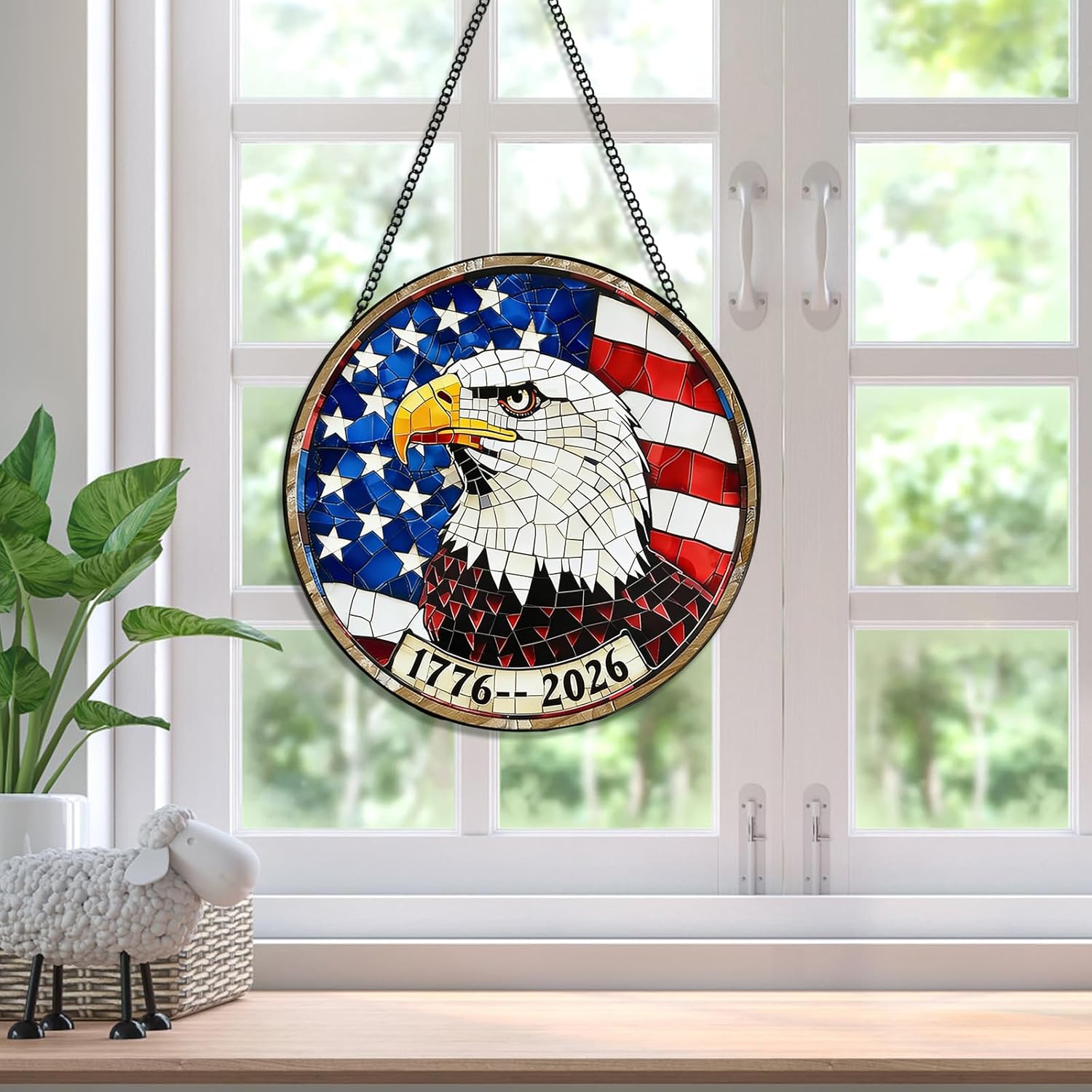 Stained Glass Window Hanging USA Eagle with Flag, Sun Catcher Patriotic Eagle, Stained Glass Ornament kit for Home, Garden, Door, Window Decor, Gifts for mom, Women, Grandma, Wife, Family 7.8 in