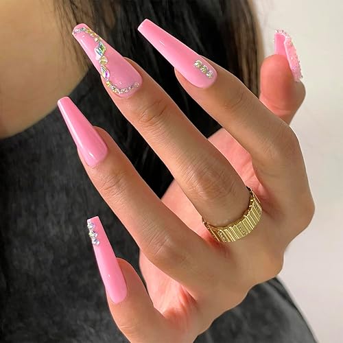 Artquee 24 uñas postizas de ataúd rosa, largas, a presión, con diseño de strass, uñas falsas reutilizables para manicura, kit de uñas adhesivas para