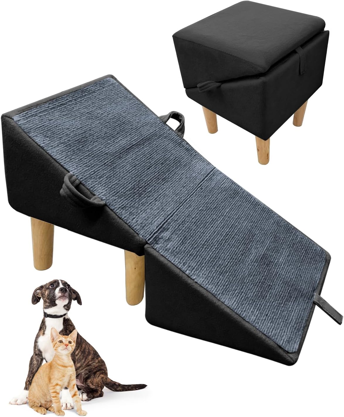 Split Ottoman Dog Ramp, 2-in-1 Convertible Wooden Home Step Stool Dog Ramp Stairs for Small Dogs and Cats, Soft Non-Slip Surface, Portable Pet Ladder for Bed and Couch (Black)