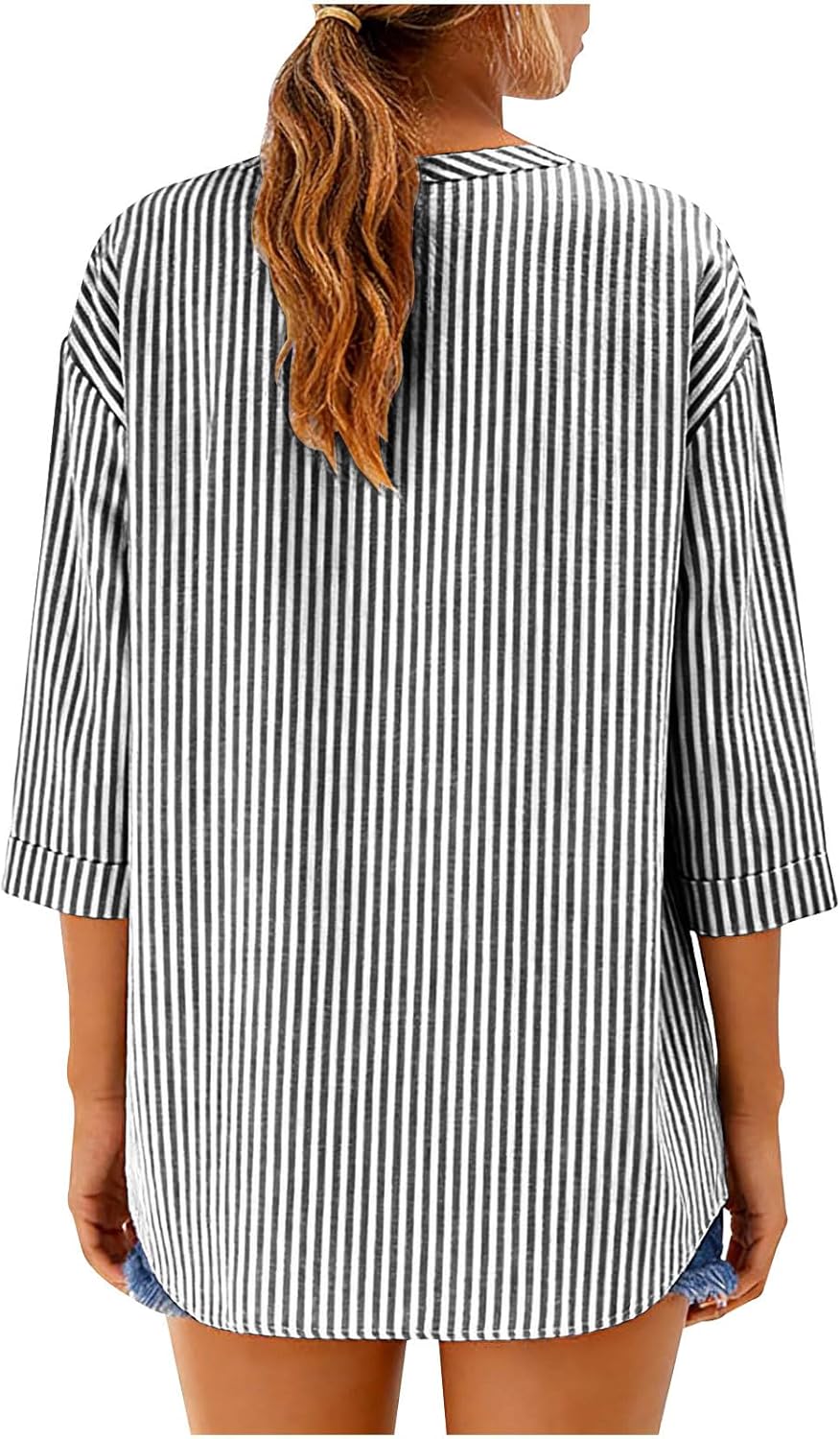 SMIDOW Linen Tops For Women - Striped 3/4 Sleeve v Neck Button Down Shirts Casual Loose Spring Summer Blouses Trendy 2026 - Image 5