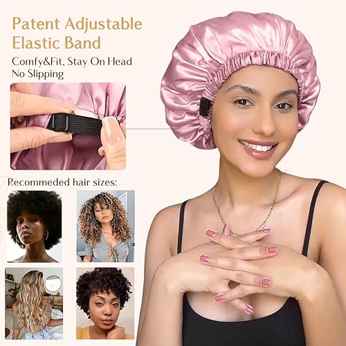Miniatura 33 de YANIBEST Gorro de seda ajustable de doble capa de satén para dormir, gorros para mujeres, sombreros de cabello rizado natural, champán
