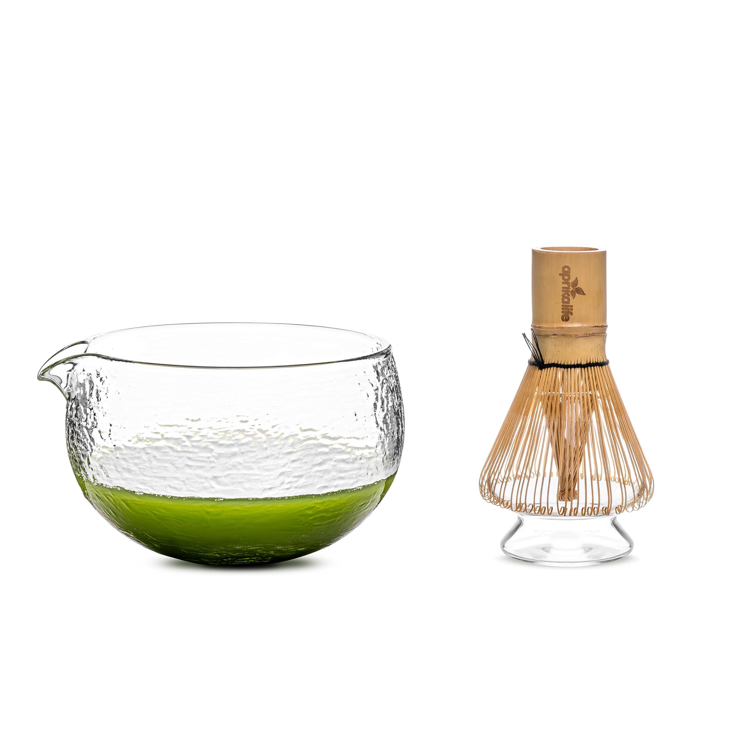 aprikalife Japanese Matcha Tea Set (Glass Structured Matcha Bowl with Spout, Glass Whisk Holder, Bamboo Matcha Whisk), Complete Matcha Starter Kit