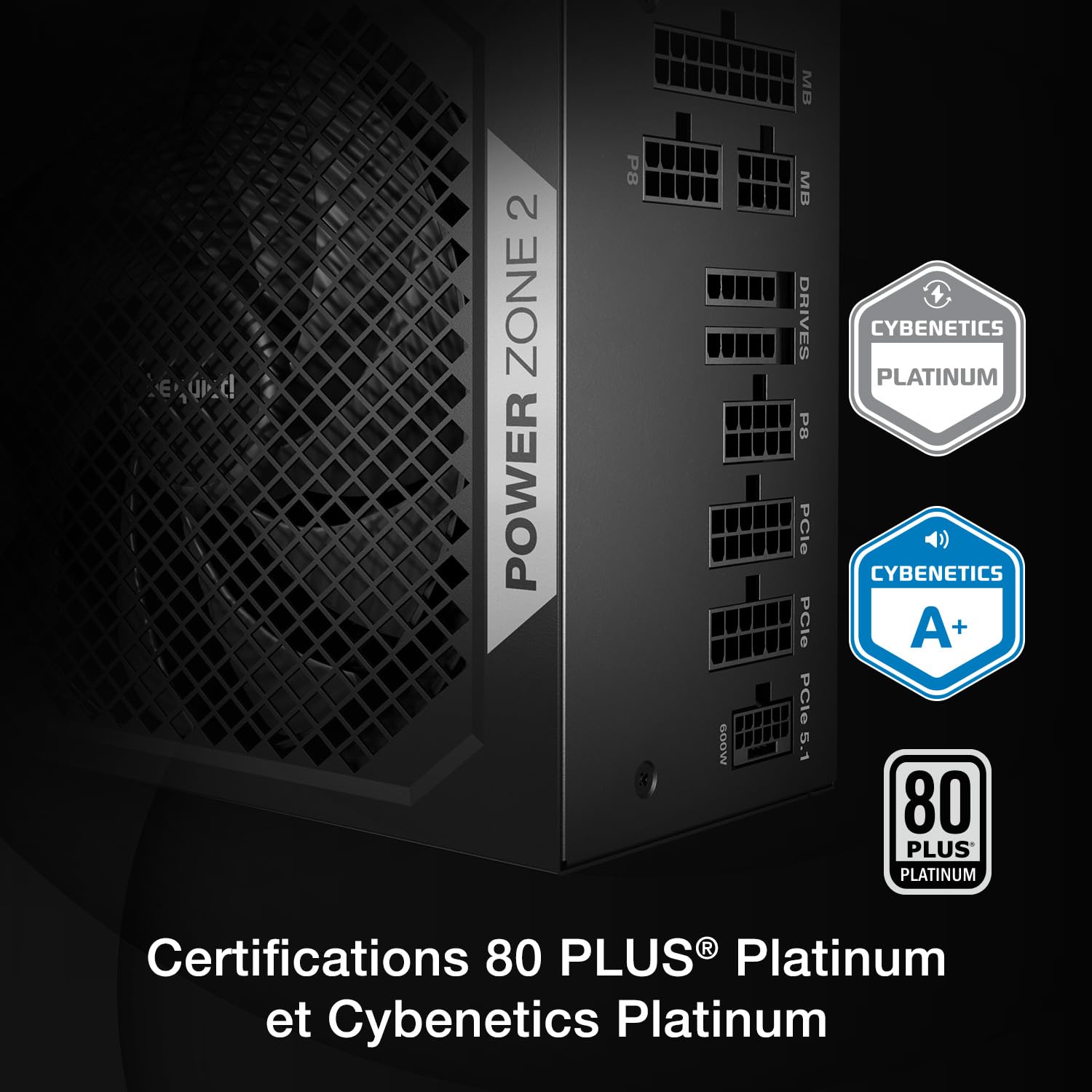 be quiet ! Power Zone 2 1000 W Bloc d’Alimentation, certifications 80 Plus® Platinum et Cybenetics Platinum, système Semi-Passif, Ventilateur Pure Wings 3 140 mm, connecteur 12V-2x6 coudé à 90°
