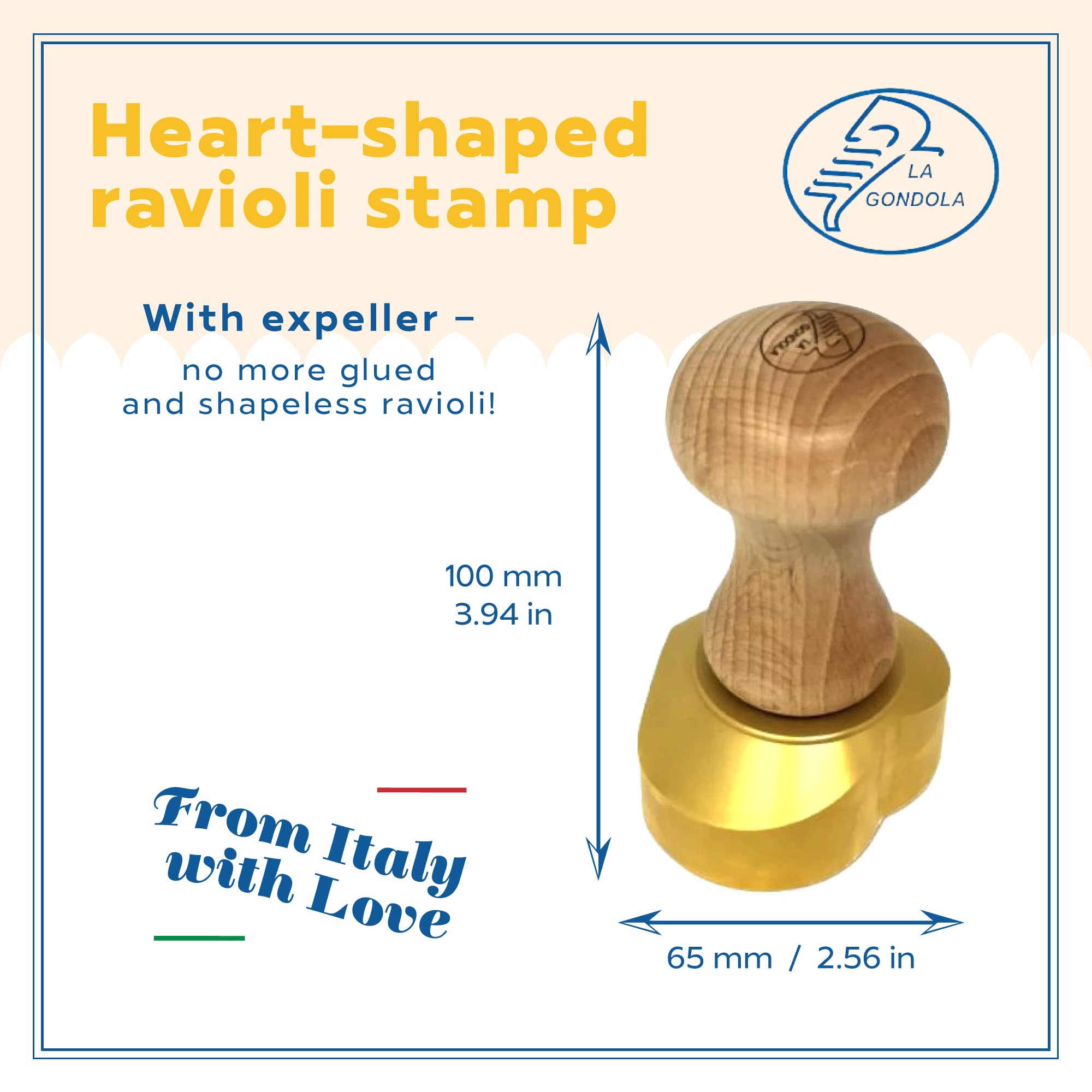 La Gondola Domowe pieczątki ravioli, kształt serca, 65 mm, włoskie narzędzie do robienia makaronu dla domu i biznesu, mosiądz i naturalne drewno, łatwy w użyciu stempel ravioli, krajalnica do