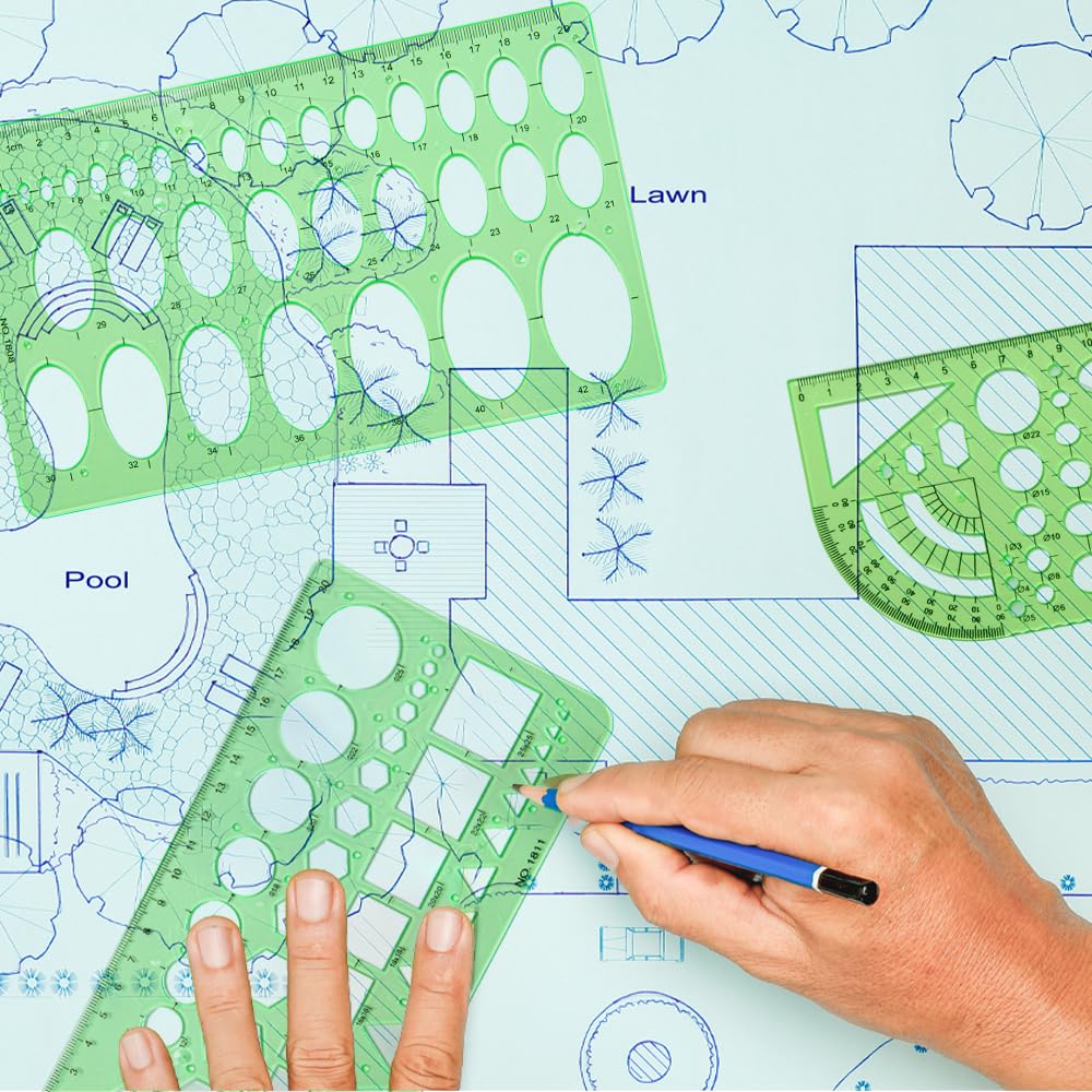 9 Piezas Plantillas Reglas Geometricas Escudo de Borrado de Acero Inoxidable plantillas de Dibujo Geométrico Verde Plantillas de Medición de Plástico Plantilla Circulares para Escuela Oficina