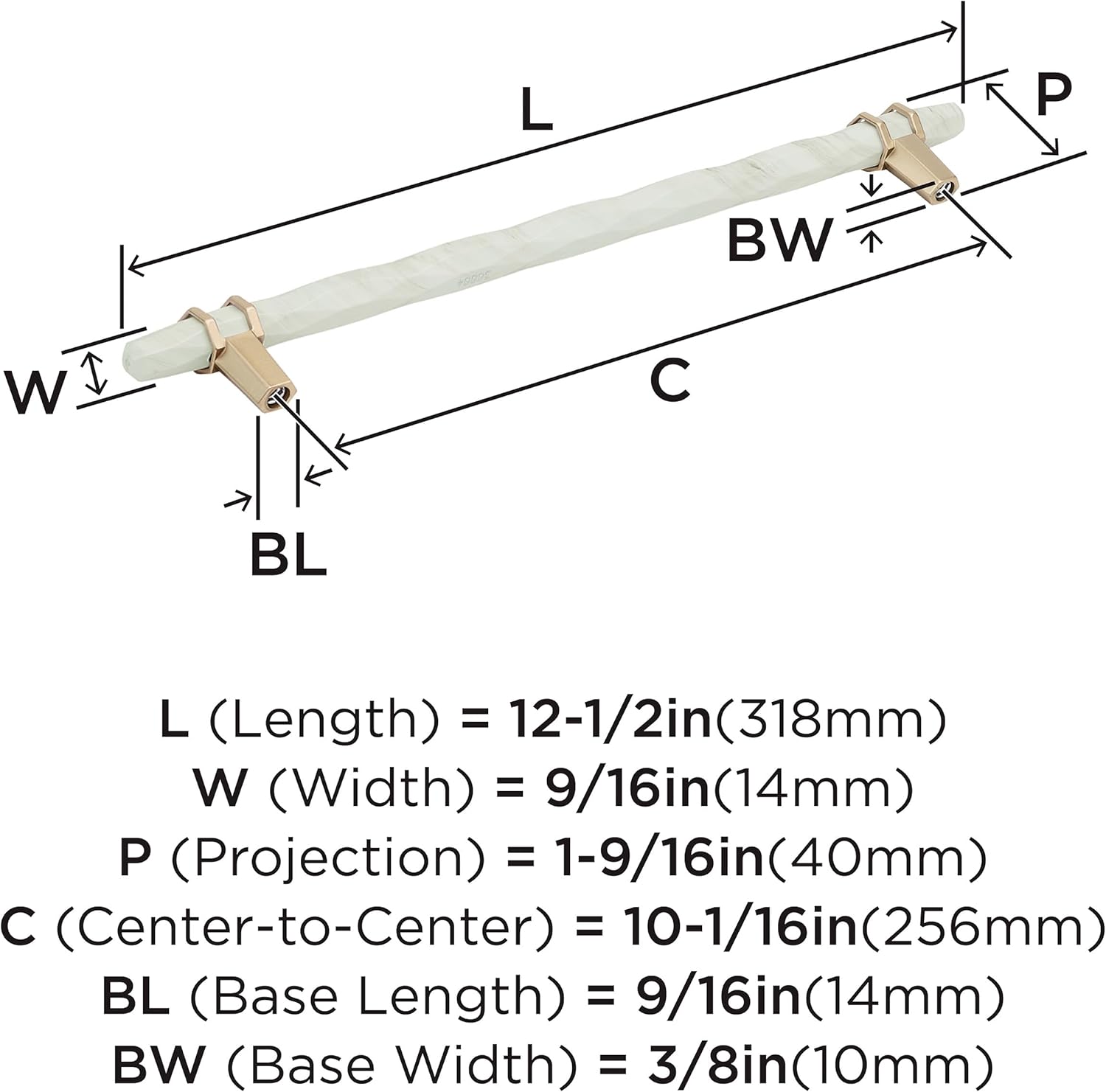 Amerock Carrione 10-1/16 inch (256mm) Center-to-Center Marble White/Golden Champagne Cabinet Pull, BP36664MWBBZ