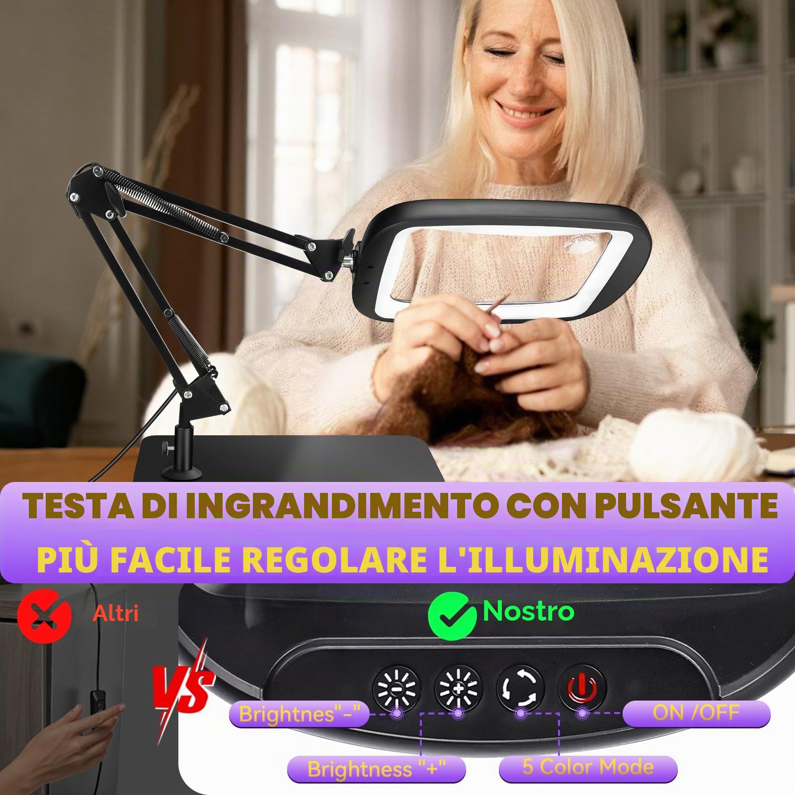 Lente di Ingrandimento con Luce LED 10X 30X, 5 Modalità Colore, Lampada da Scrivania per Lettura Hobby