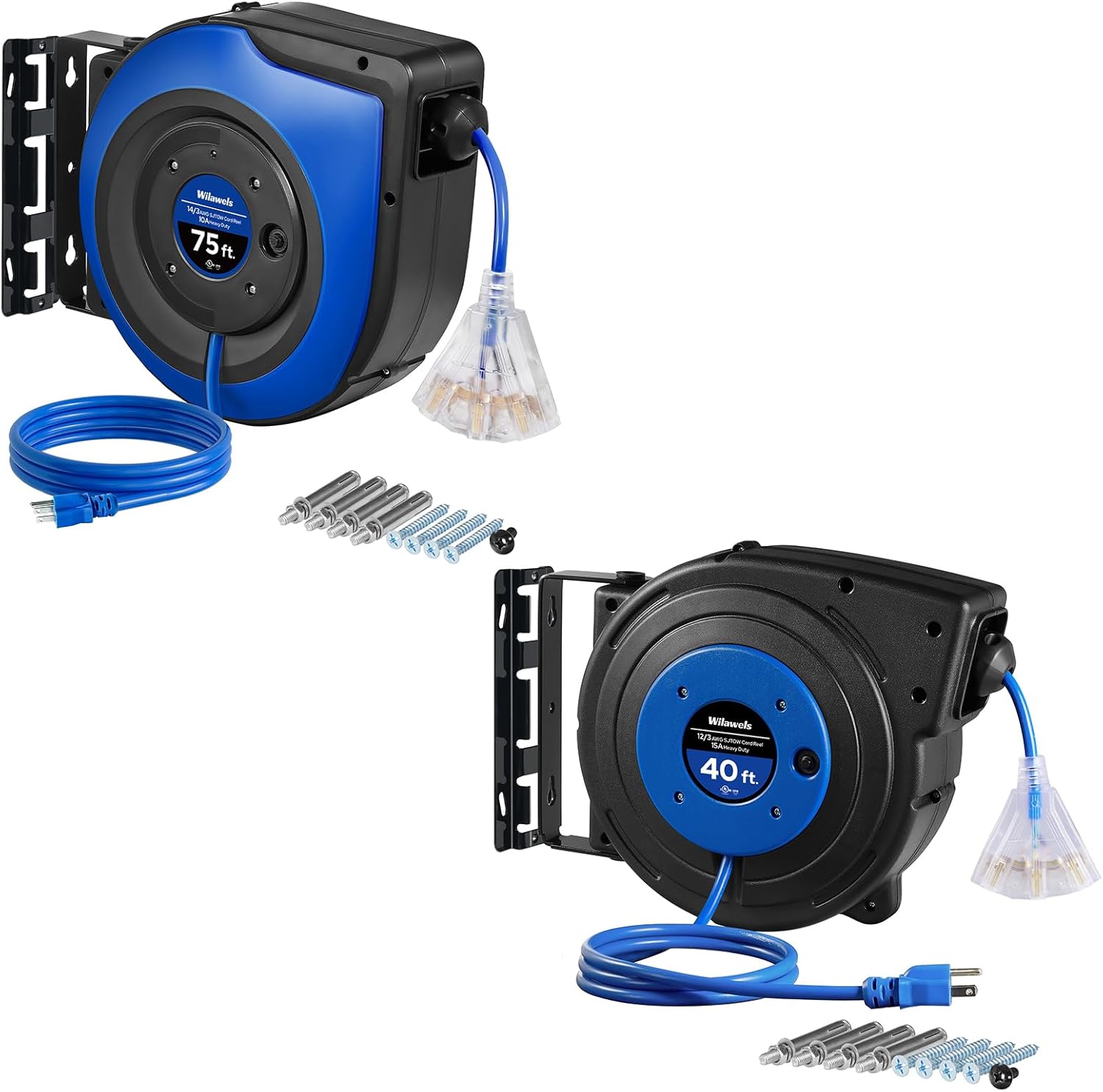 Retractable Cord Reel，3 Grounded Outlets Lighted Triple Tap，75 FT & 40 FT，bundle U75CR06-U40CR06