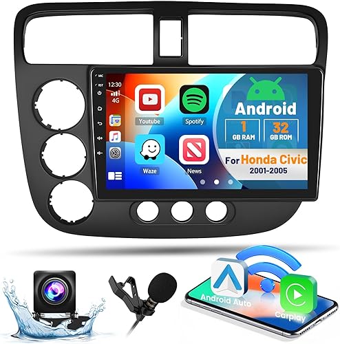 Miniatura 9 de 2G+32G para radio Honda Civic 2001-2005, Hikity Android 11 estéreo inalámbrico Apple Carplay Android Auto, pantalla táctil de 9 pulgadas con