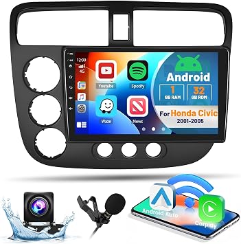 [4+64G] Android 15 Car Stereo for Honda Civic 2001-2005, Hikity 9'' in-Cell Touchscreen Civic Radio Wireless Carplay Android Auto 5G WiFi/Bluetooth/Mirror Link GPS SWC FM/RDS/EQ Backup Cam+Mic