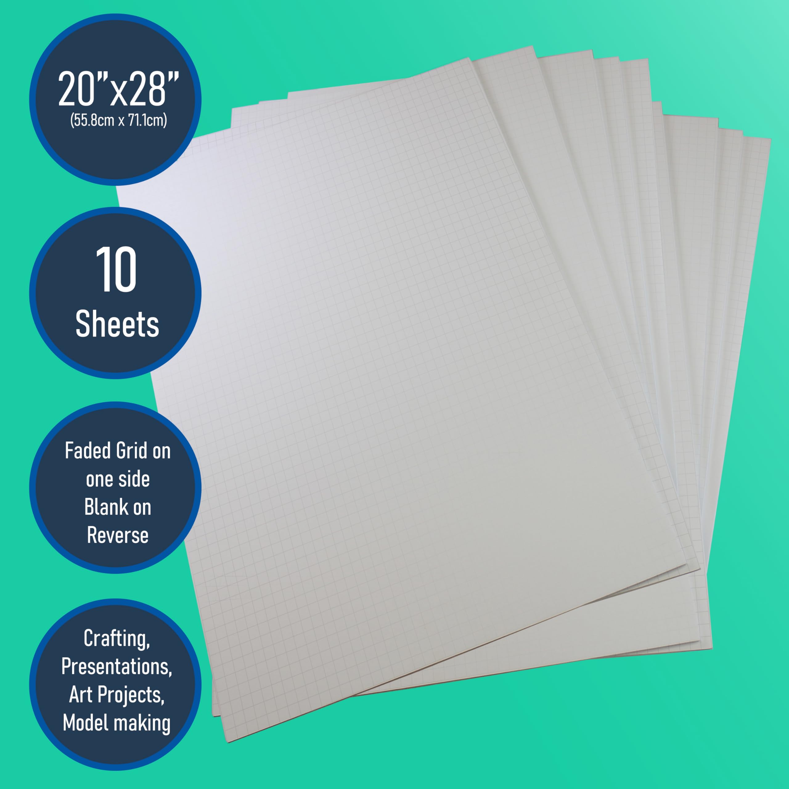 Flipside Products Fade-Line Lot de 10 planches en mousse blanches pour affiche, lignes de quadrillage subtiles de 1,27 cm pour alignement et mises en page visuelles, arts et travaux manuels 50,8 x