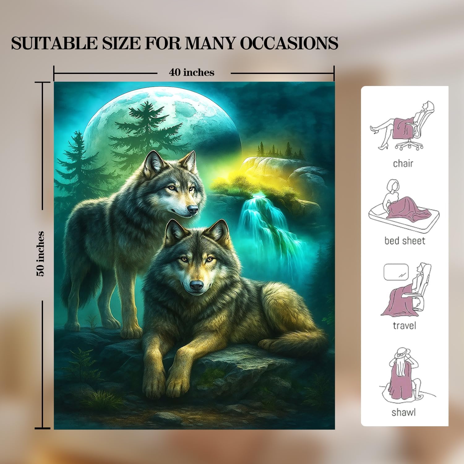 Wolf Blanket Blue-Green Wolf Fleece Throw Blanket Super Soft Fuzzy Plush Cozy Warm Wolves Decor Stuffed Bedding Blankets Gift for Boys Girls Men Women Kids & Adult 50"X40" - Image 6