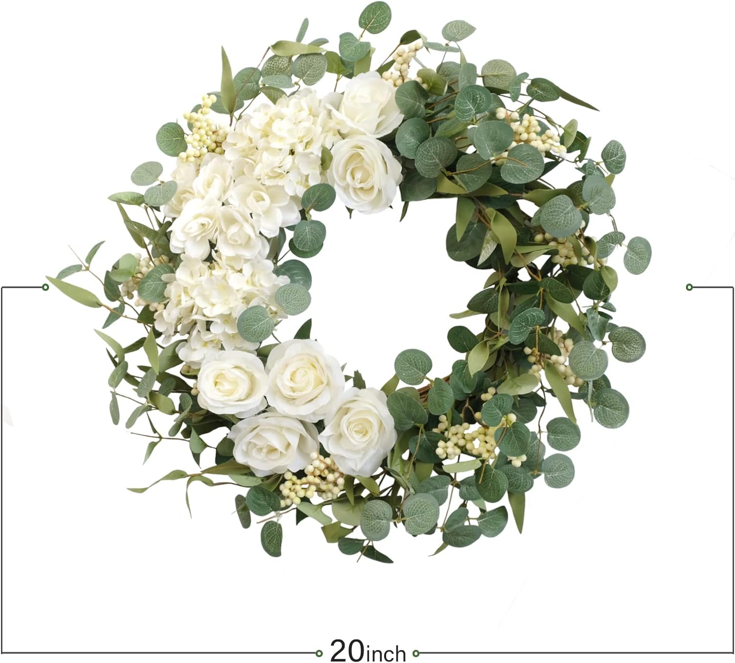 TEMPUS 20" Hydrangeas Spring Wreath for Front Door, Artificial Summer Green Wreaths with White Peony Flowers for Farmhouse Home Wedding Party Wall Windows Outdoor Decor（White）