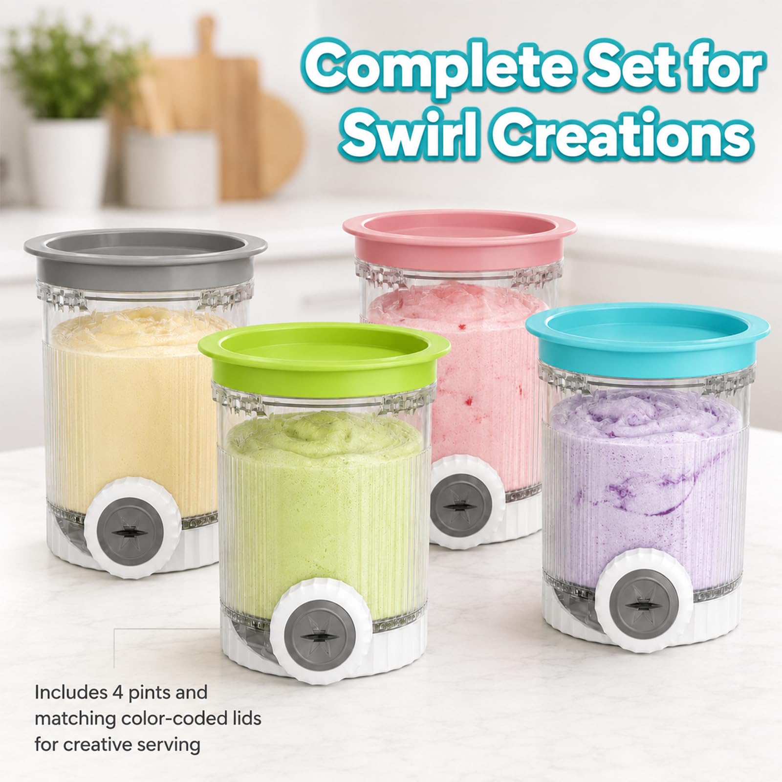 Juego de 4 recipientes compatibles con Ninja Swirl by CREAMi NC700 NC701 Serie, 473 ml, Recipiente para Hielo con Tapas de Colores y boquillas para máquina de Hielo, Vasos de Repuesto sin