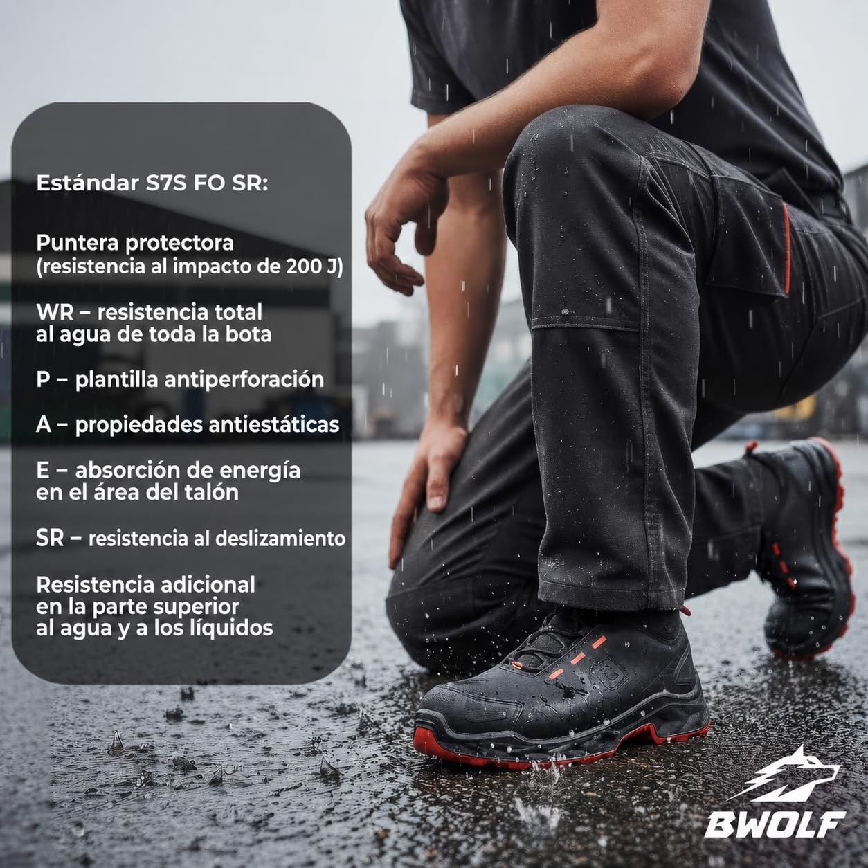BWOLF FALCON HI S3S Zapatos de trabajo para hombre - Piel lisa negra con puntera de aluminio, entresuela Kevlar, protección ESD