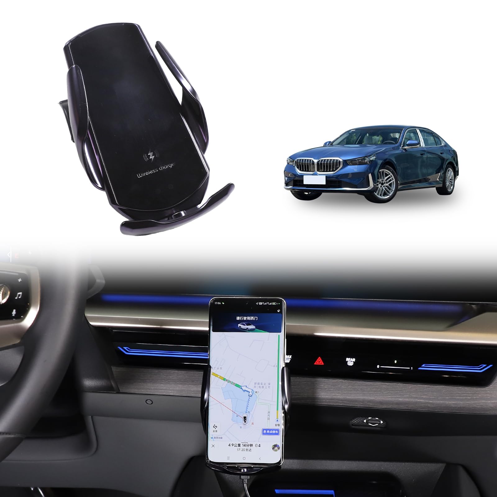METYOUCAR Soporte de teléfono para coche para B@-m-w Serie 5 G60 2024 2025+soporte fijo giratorio para teléfono móvil para iPhone Android y smartphones universales (carga inalámbrica/estilo C)