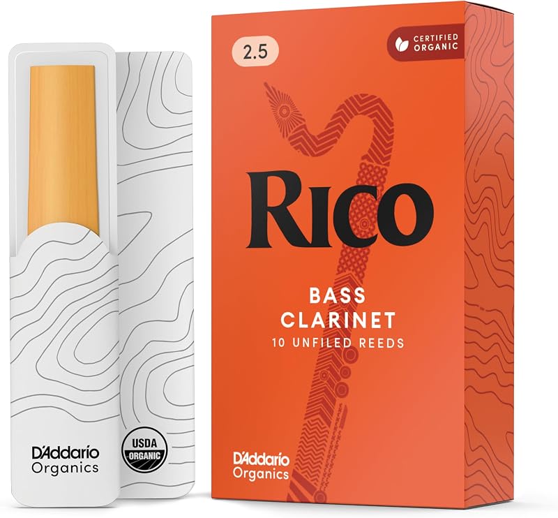 D’Addario Woodwinds - Cañas para clarinete bajo Rico - REA1025 - Fuerza 2.5, paquete de 10 | Las cañas para clarinete bajo Rico Organic brindan una respuesta consistente, facilidad de ejecución, tono cálido y rendimiento confiable.
