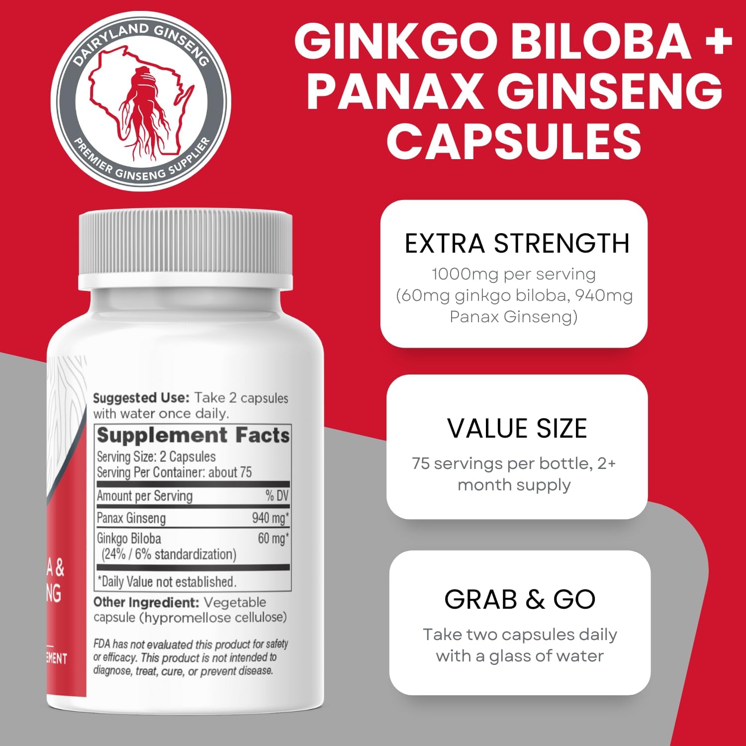 Dairyland Management Panax Ginseng + Gingko Biloba Capsules 150ct 1000 mg of Panax Ginseng, 60 mg of Gingko Biloba per Serving - Image 3