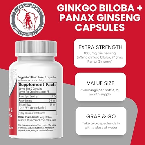 Miniatura 3 de Dairyland Management Panax Ginseng + Gingko Biloba Cápsulas 150ct 1000 mg de Panax Ginseng, 60 mg de Gingko Biloba por porción