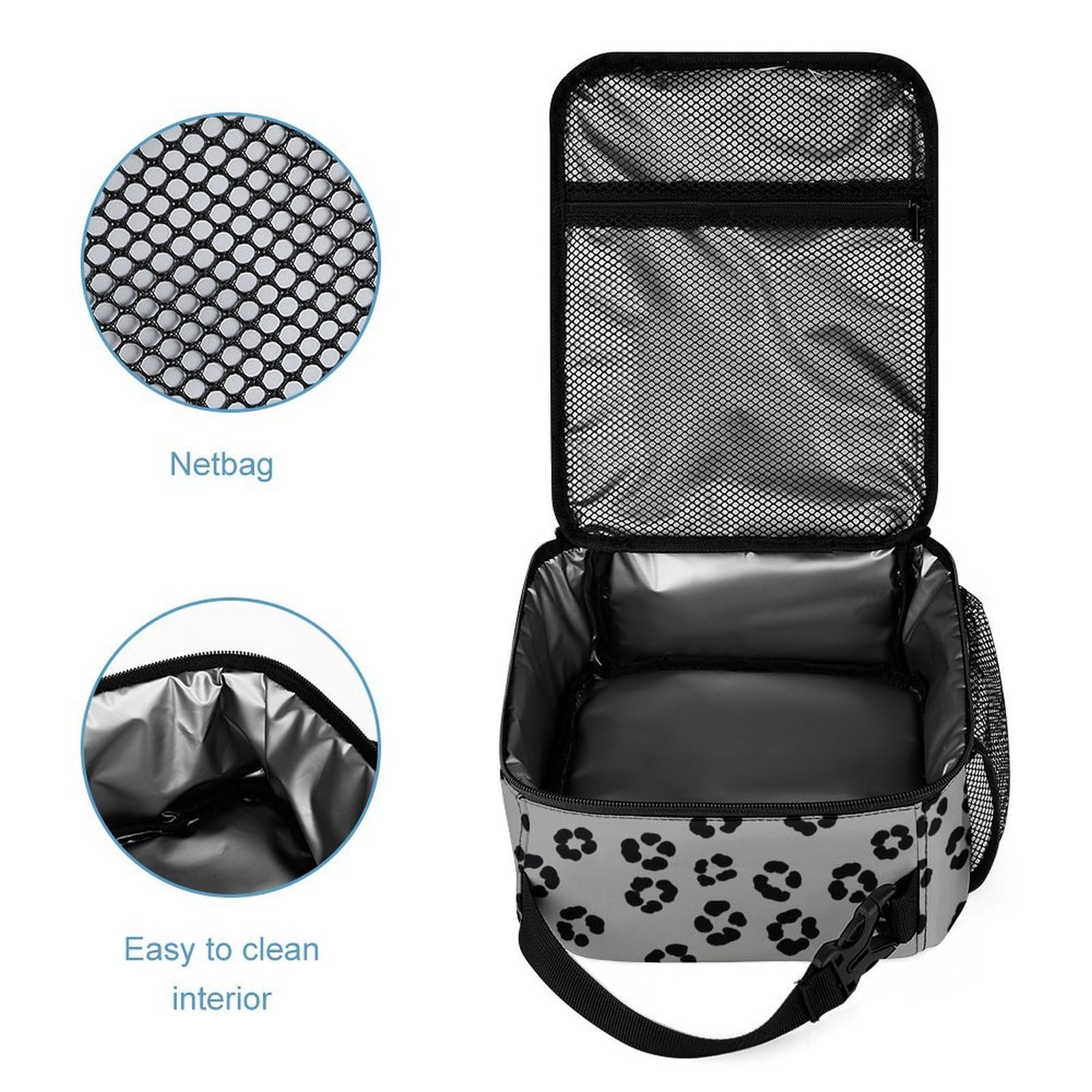 Ensemble sac à dos avec boîte à lunch et trousse de maquillage, idéal pour les voyages (gris foncé, noir, motif léopard).