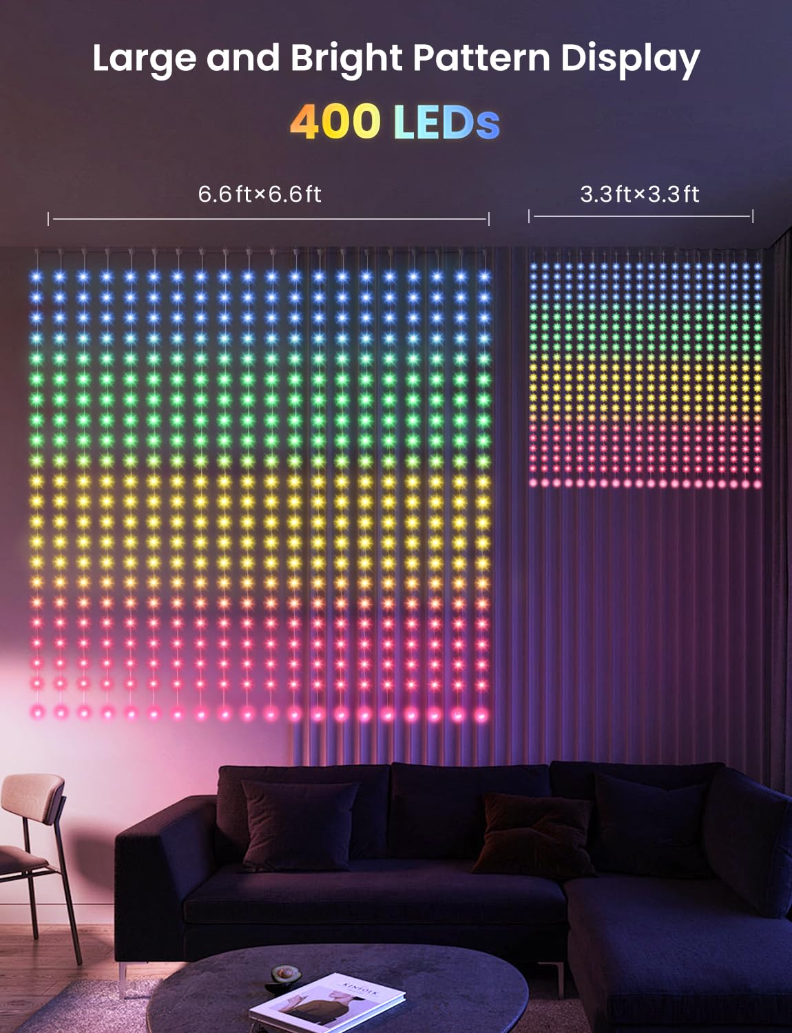 Smarte LED-Vorhang-Lichter, 400 LEDs, RGB+IC, Farbwechsel-Wandleuchten, 2 x 2 m, dynamisches DIY-Muster, LED-Lichterkette, APP-Fernbedienung, für Schlafzimmer, Wohnzimmer, Fensterdekoration, Party