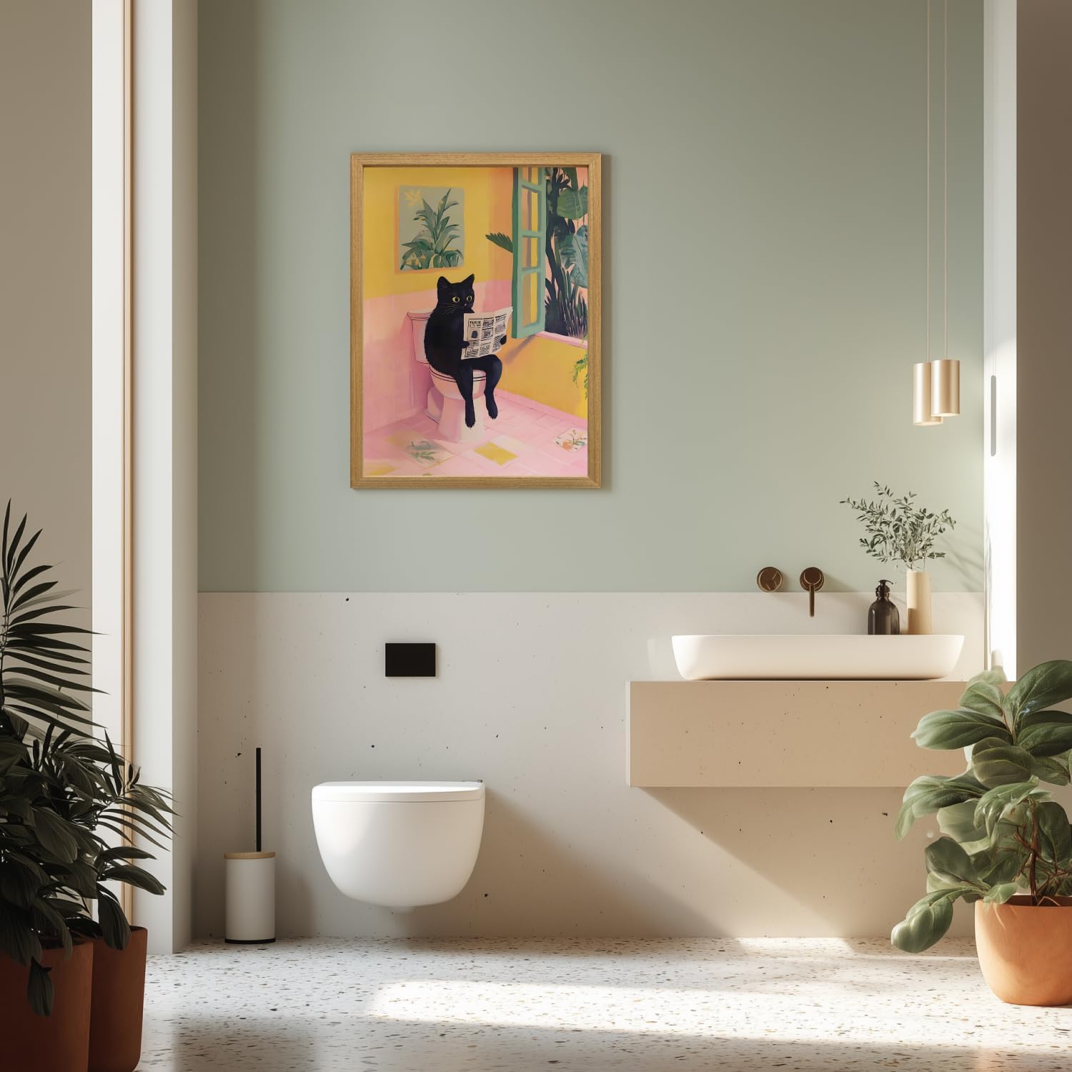 Cyebmo Funny Bathroom Wall Art, Cute Black Cat Sitting on Toilet Reading Newspaper Wall Decor, Whimsical Pink Abstract Animal Canvas Artwork for Bathroom Kid's Restroom Bedroom Wood Framed 12x16 Inch