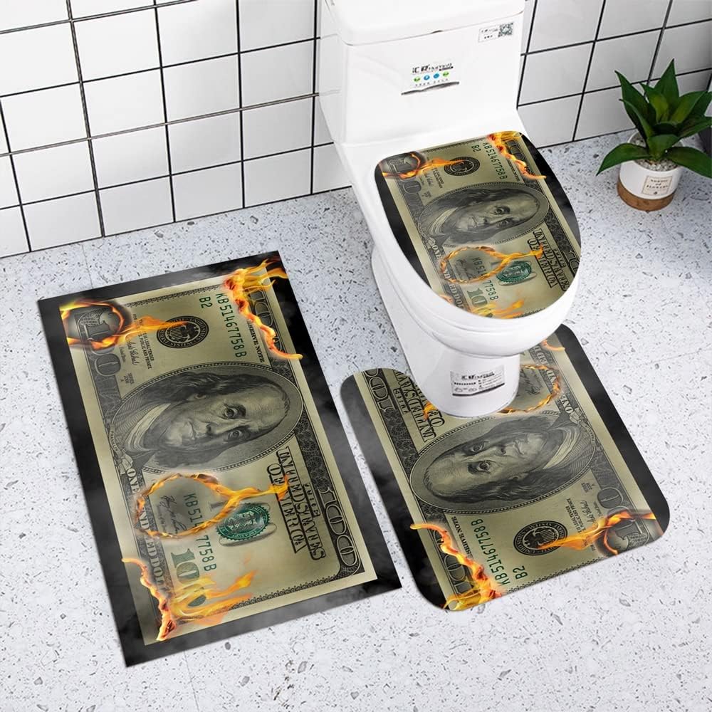 Black Beige 100 Dollar Bills Bathroom Rugs and Mats Set of 3,Money Bathroom Set for Men Memory Foam Bath Mat,U-Shaped Contour Shower Mat Non Slip Absorbent,Velvet Toilet Lid Cover Washable