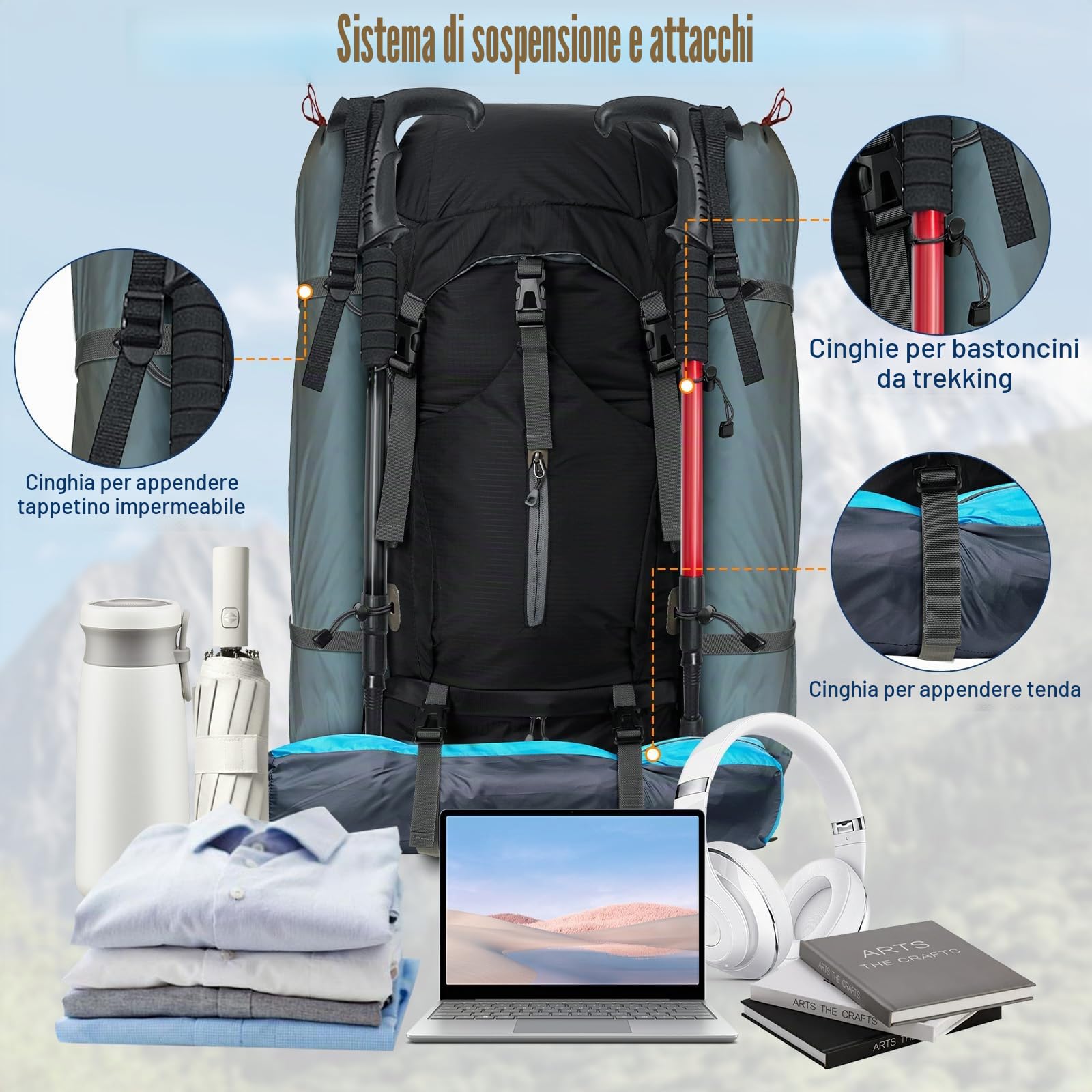 Cozary Zaino Trekking 70L Anti-Strappo Impermeabile con Copripioggia, Sistema Traspirante per Escursionismo Campeggio Montagna