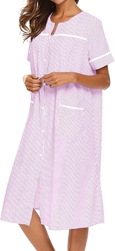 Miniatura 3 de Ekouaer Vestido de casa para mujer con bolsillos, con botones, abrigo de casa de manga corta, camisón Mumu S-XXXL