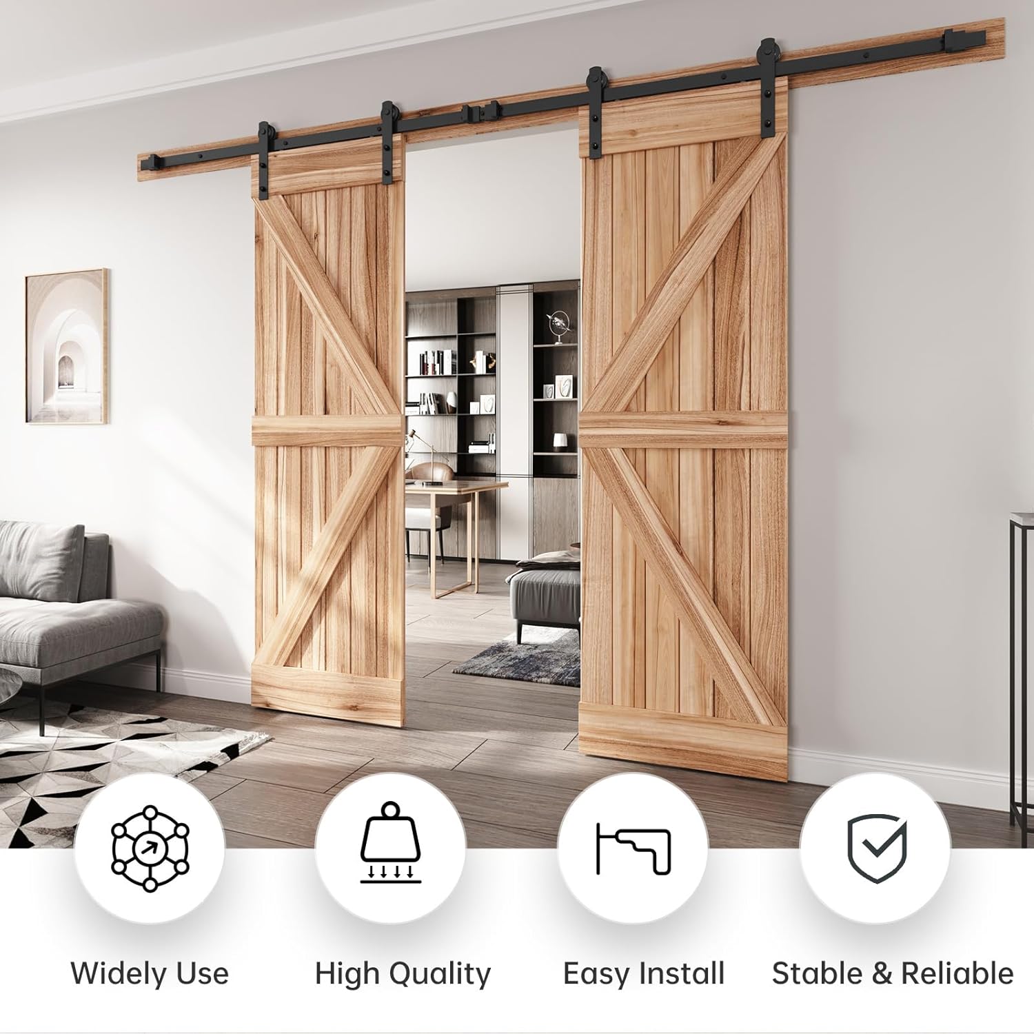 easelife 10 ft double door sliding barn door hardware track kit,straight pulley,heavy duty,slide smoothly quietly,easy install (10ft track kit for double 30" wide door) 10 feet double door kit black