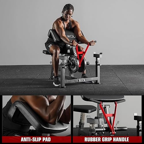 Miniatura 7 de Mikolo Banco de rizos de predicador, máquina de flexión de bíceps con placa cargada, equipo de entrenamiento de bíceps y tríceps, máquina de