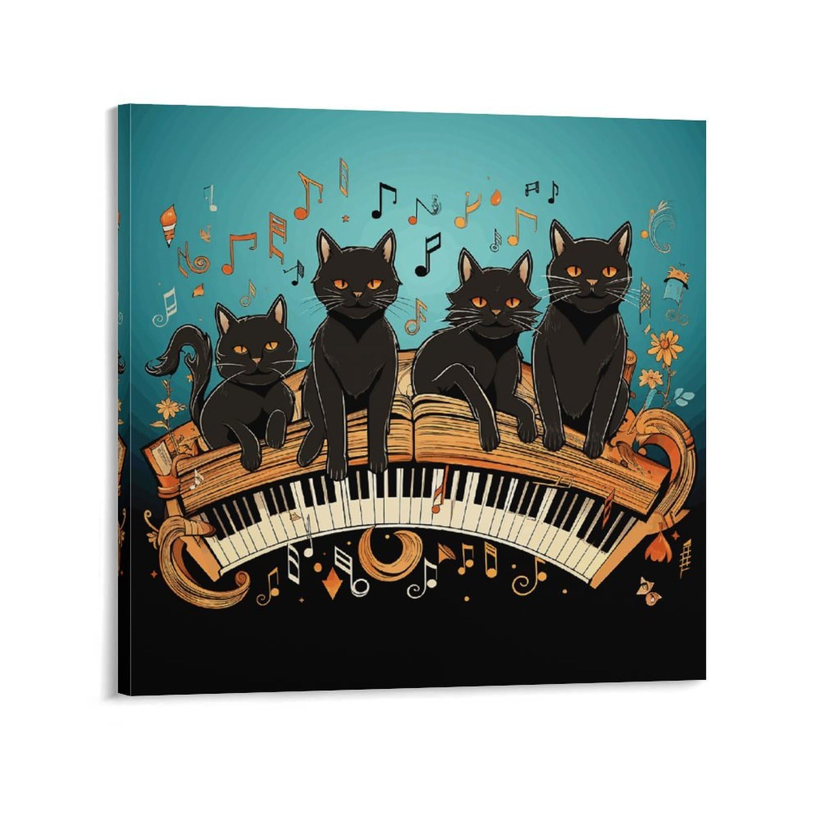 Four Black Cats Lying on The Piano Keyboard Canvas Wall Art for Bedroom 20x20inch(50x50cm) Canvas Prints Artwork for Walls Modern Picture Artwork Painting for Living Room Aesthetic Wall Paintings for