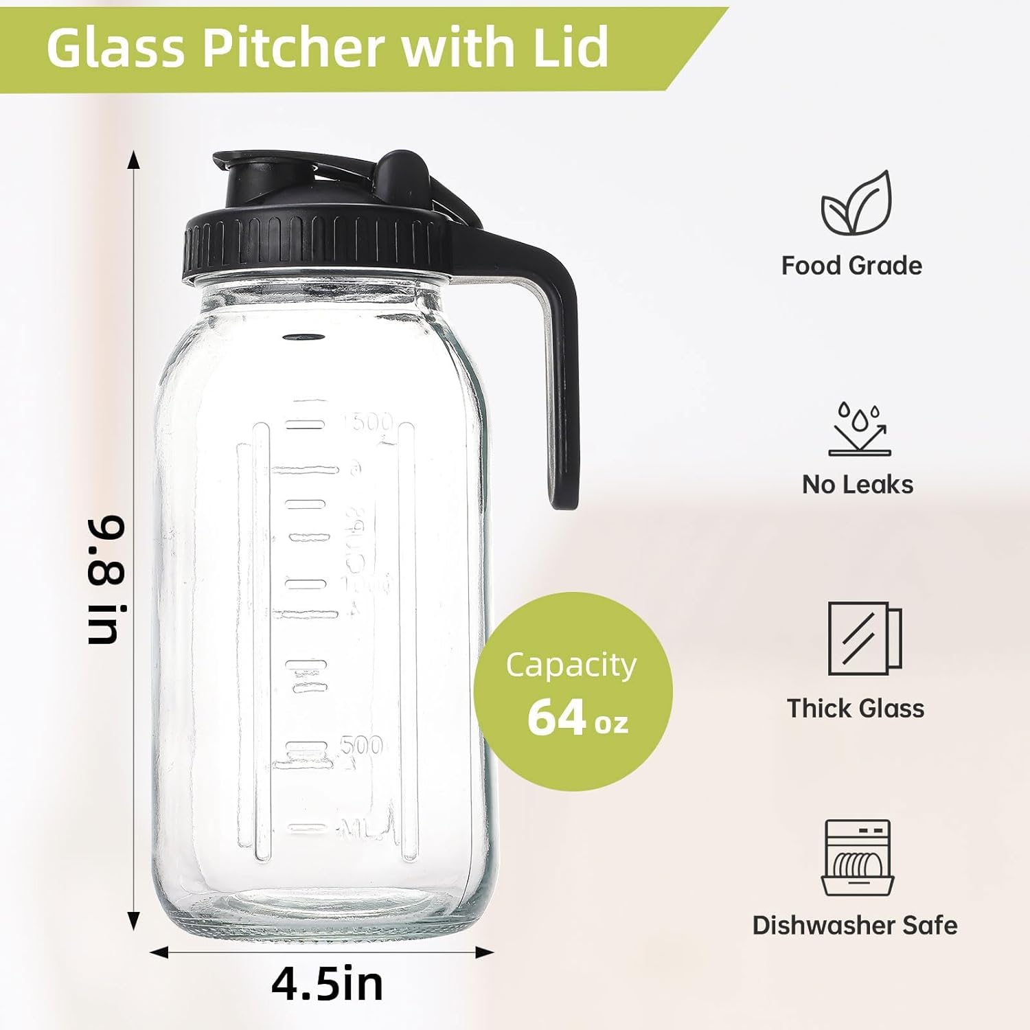 2 Quart Glass Pitcher with Lid for Fridge, Cold Brew Coffee Maker 64 oz, 2 Pack Airtight Leakproof Iced Tea Pitcher with Stainless Steel Filter, New Years Gifts for Friends (Black & Gray) - Image 2