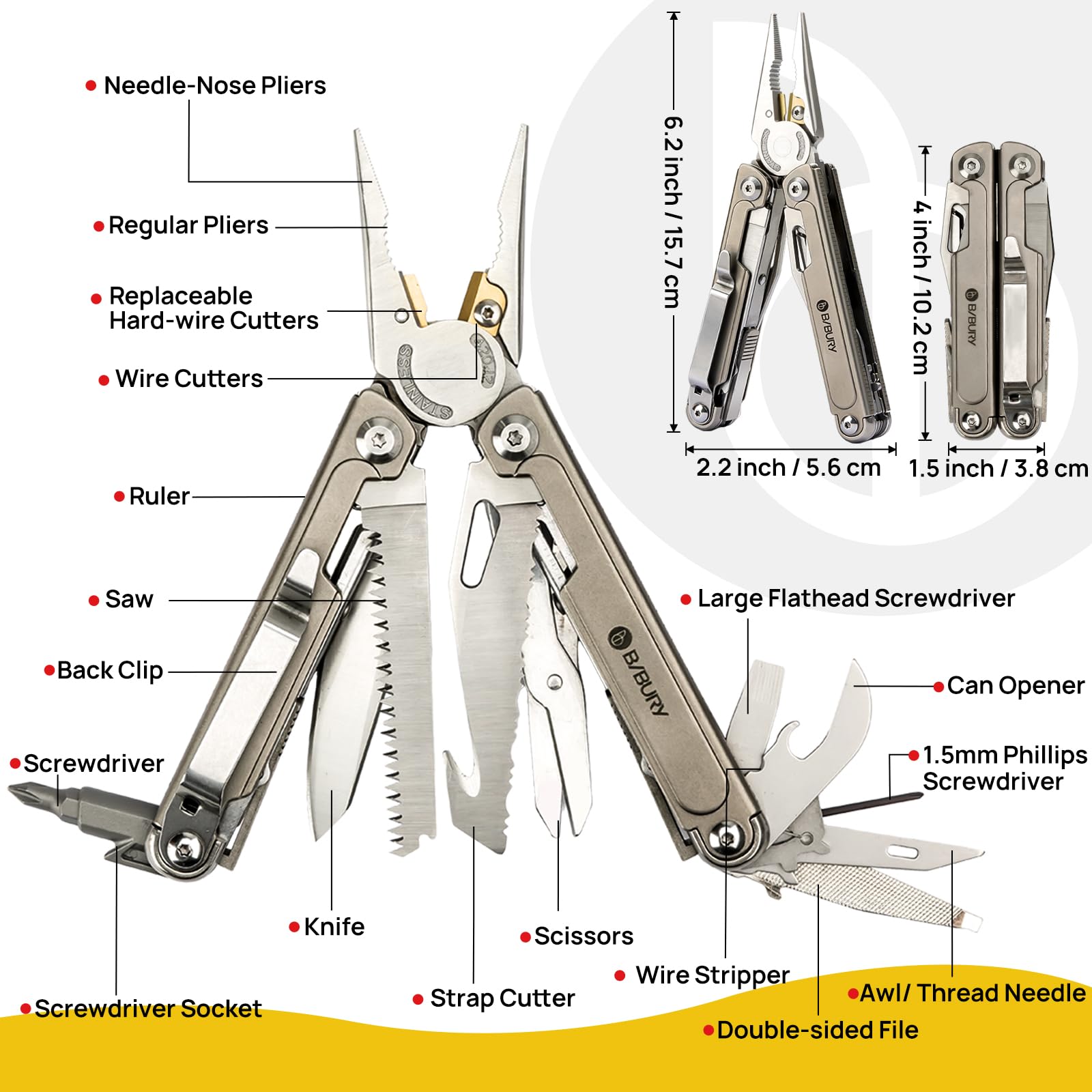 BIBURY Pince Multifonctions, Outil Multifonction, Multitool, Idee Cadeau Homme Original, Camping Gadget Insolite Utile, Anniversaire, Saint Valentin, Cadeau Noel Homme pour Camping, Randonnée, Survie
