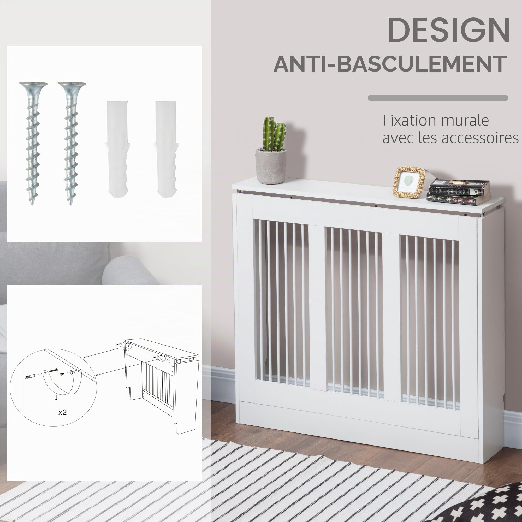 HOMCOM Cache-radiateur à Lattes avec Anti-basculement 90x18x84cm Blanc