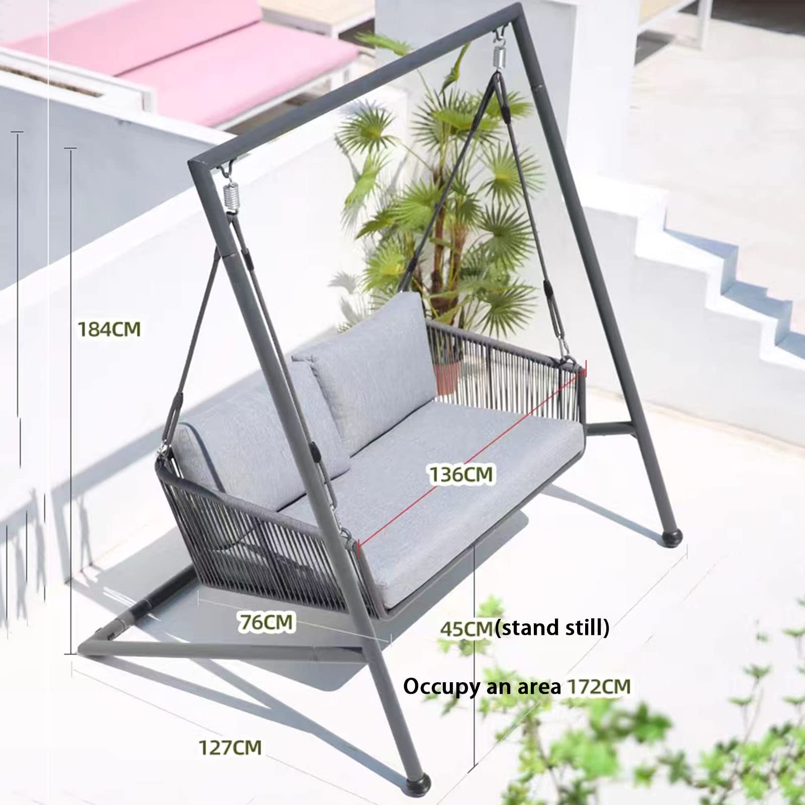 Altalena da esterno, resistente sedia sospesa in metallo per balcone, terrazza, con cuscini e cuscino inclusi
