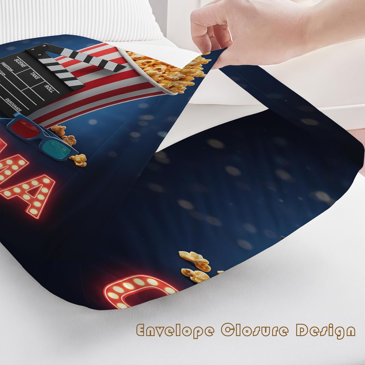 Movie Theater Pillowcases Queen Size Set of 2 - Popcorn Cinema Pillow Cases with Envelope Closure, Clapperboard Decorative Pillow Covers for Bed Couch, Soft Breathable Microfiber