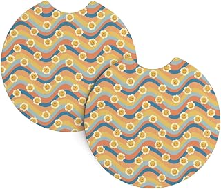 Retro 70s Daisy Flower Rainbow Stripes Car Cup Holder Mats (2-Pack) - Universal Coasters for Sedans, Trucks, Suvs & Boats, All-Weather Drink Protectors