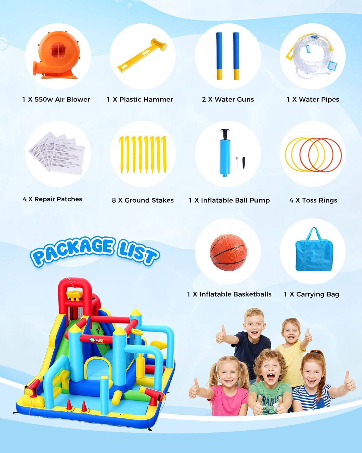 Whubefy Inflatable Water Slide Water Park, 13.3 × 11 ft Blow Up Water Slide with Obstacle Course/Long Slide/Cannon/Jump Area / 550W Blower, 13-in-1 Water Slide for Kids Backyard Summer Fun