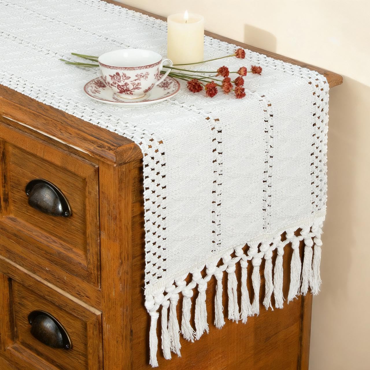 FEXIA Boho Macrame Table Runner with Tassels 108 Inches Long Creamfor Farmhouse Home Decor Bohemian Dining Bedroom Decor Rustic Bridal Shower (12x108 Inches)