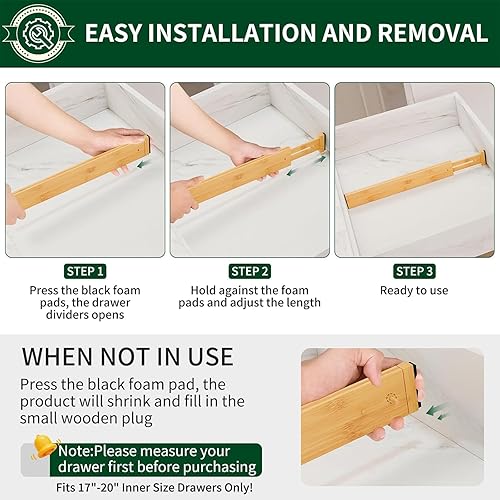 Miniatura 3 de Paquete de 6 Divisores de Cajones de Bambú de 2.6" de Alto, 17-22" Organizadores de Cajones de Ropa Ajustables con Resorte para Cocina, Cómoda,